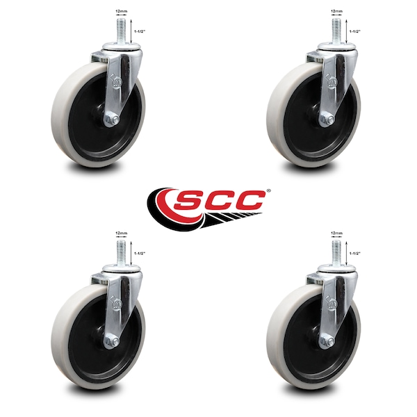 5 Inch Thermoplastic Rubber Wheel 12mm Threaded Stem Caster SCC, 4PK